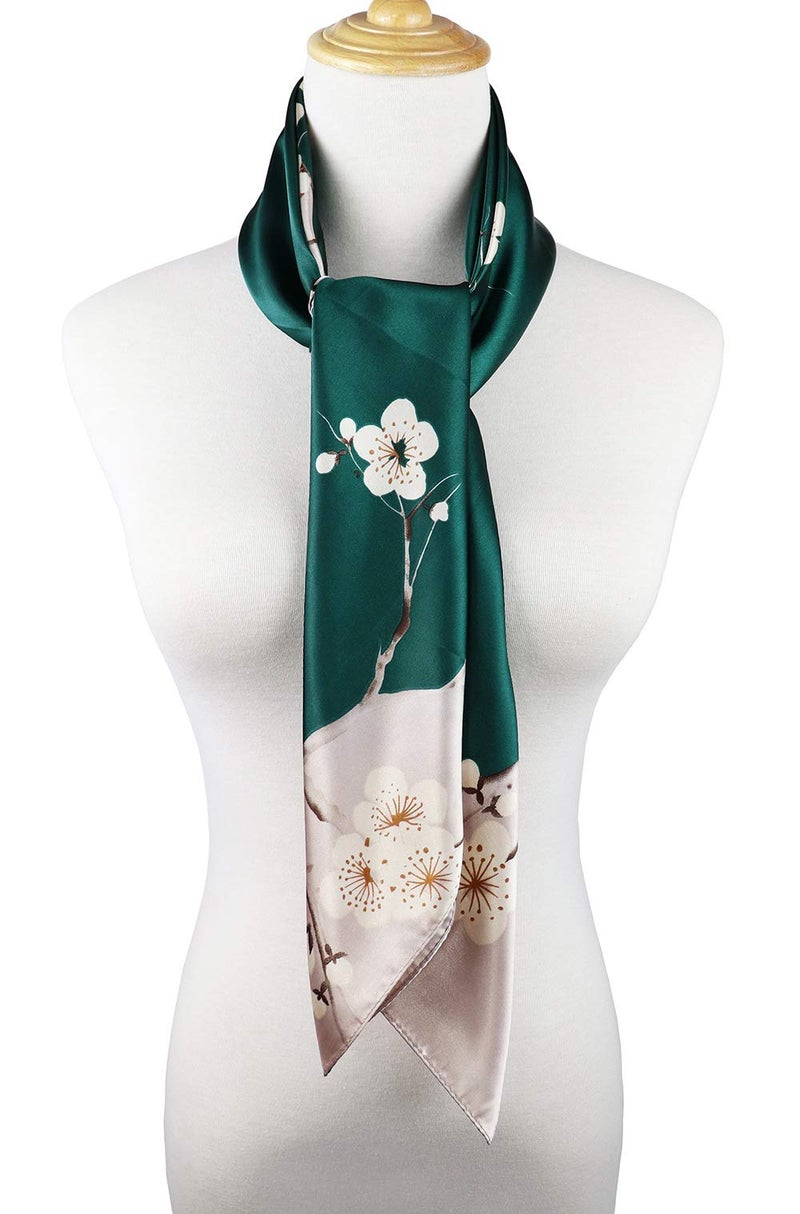 vabovin Women's Silk Feeling Neckerchief Large Square Satin Scarf Fashion Bandanas (Green Sliver Plum Blossom) - Image 5